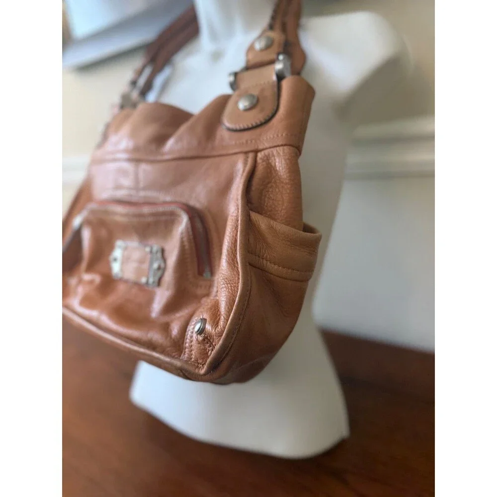 B Makowsky Tan Leather Leopard Interior Shoulder Bag Y2K